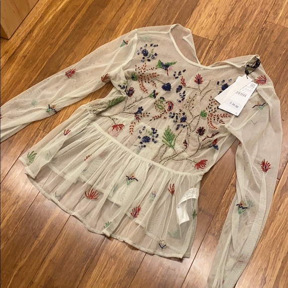 Creme sheer beaded and embroidered blouse - Picture 1 of 3